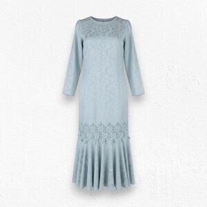 80s Vintage Light Blue Satin Floral Jacquard Lace Tunic Blouse Skirt Set Size 8